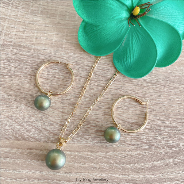 Gold Plated Shell Pearls Necklace & Hoop Earrings Set