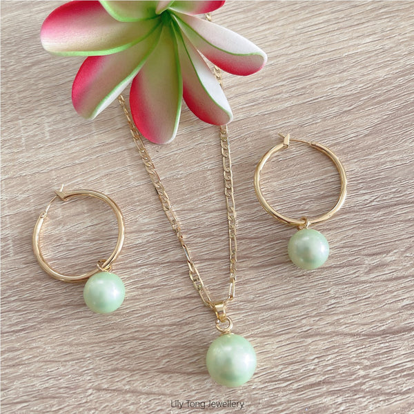 Gold Plated Shell Pearls Necklace & Hoop Earrings Set