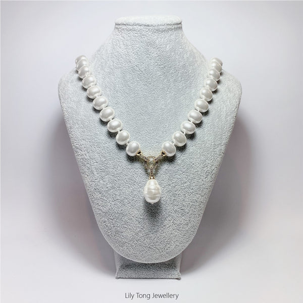 Oval Shell Pearl 1-Bead Pendant Necklace #0576