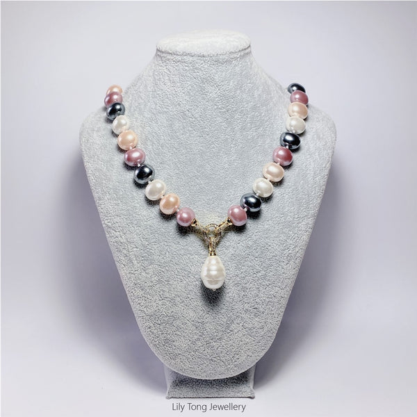 Multi-Coloured Oval Shell Pearl 1-Bead Pendant Necklace #0609