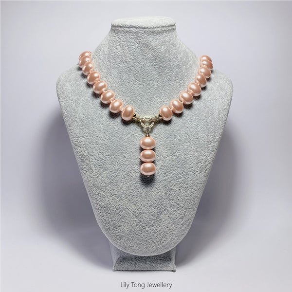 Oval Shell Pearl 3-Bead Pendant Necklace #0579