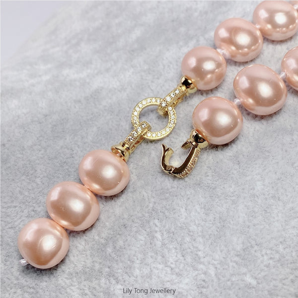 Oval Shell Pearl 3-Bead Pendant Necklace #0579