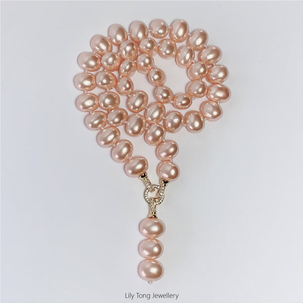 Oval Shell Pearl 3-Bead Pendant Necklace #0579