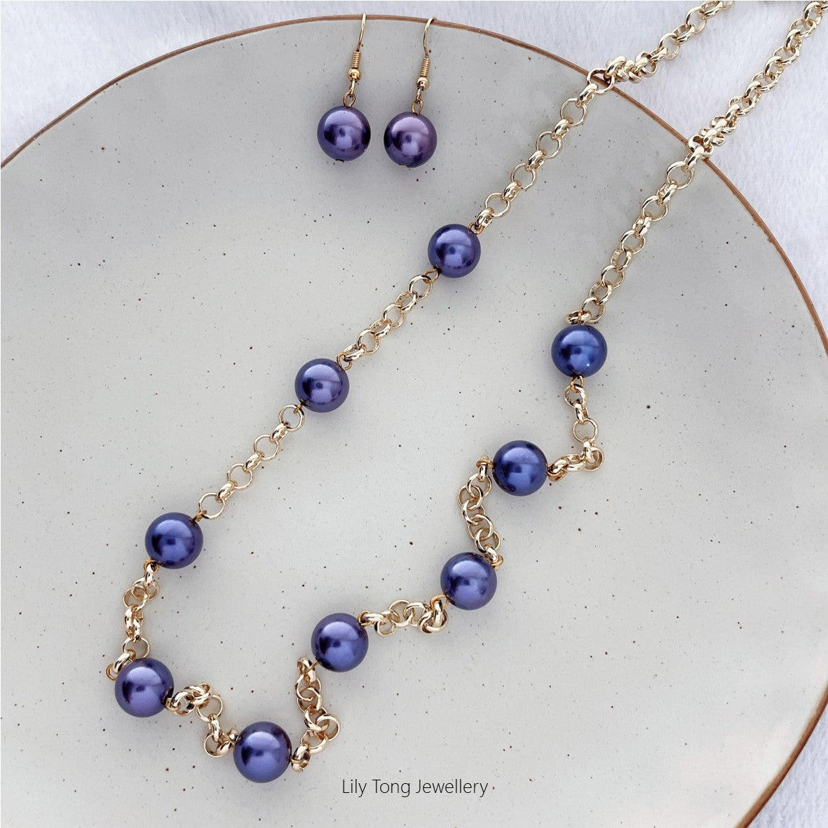 12mm Shell Pearl Belcher Chain Necklace & Earrings (Midnight Purple)