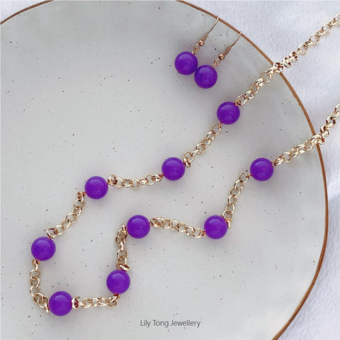 12mm Purple beads Belcher Chain Necklace & Earrings (Purple)