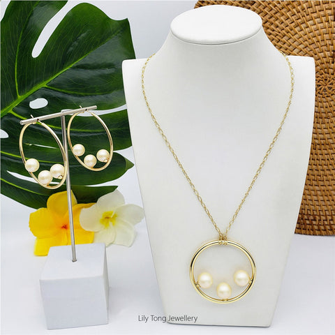 50mm Hoop With 3-Pearl Pendant Necklace & Earrings #SN14 Light Cream