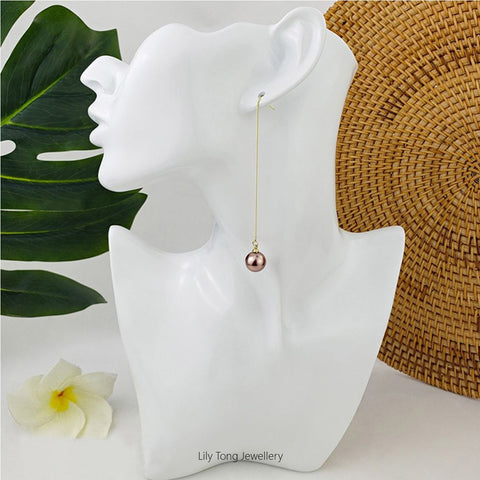 12mm Shell Pearl Drop Threader Earrings #T106 Light Brown